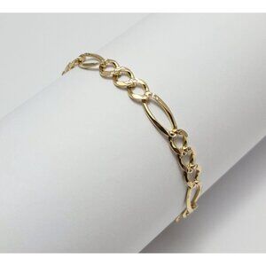 Unique 14K Karat Solid Yellow Gold Diamond Cut Figaro Link Bracelet Italy 7.5" L